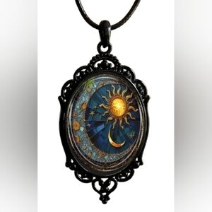 Boho Sun & Moon Pendant Necklace Celestial Goddess Art  Adjustable Cord